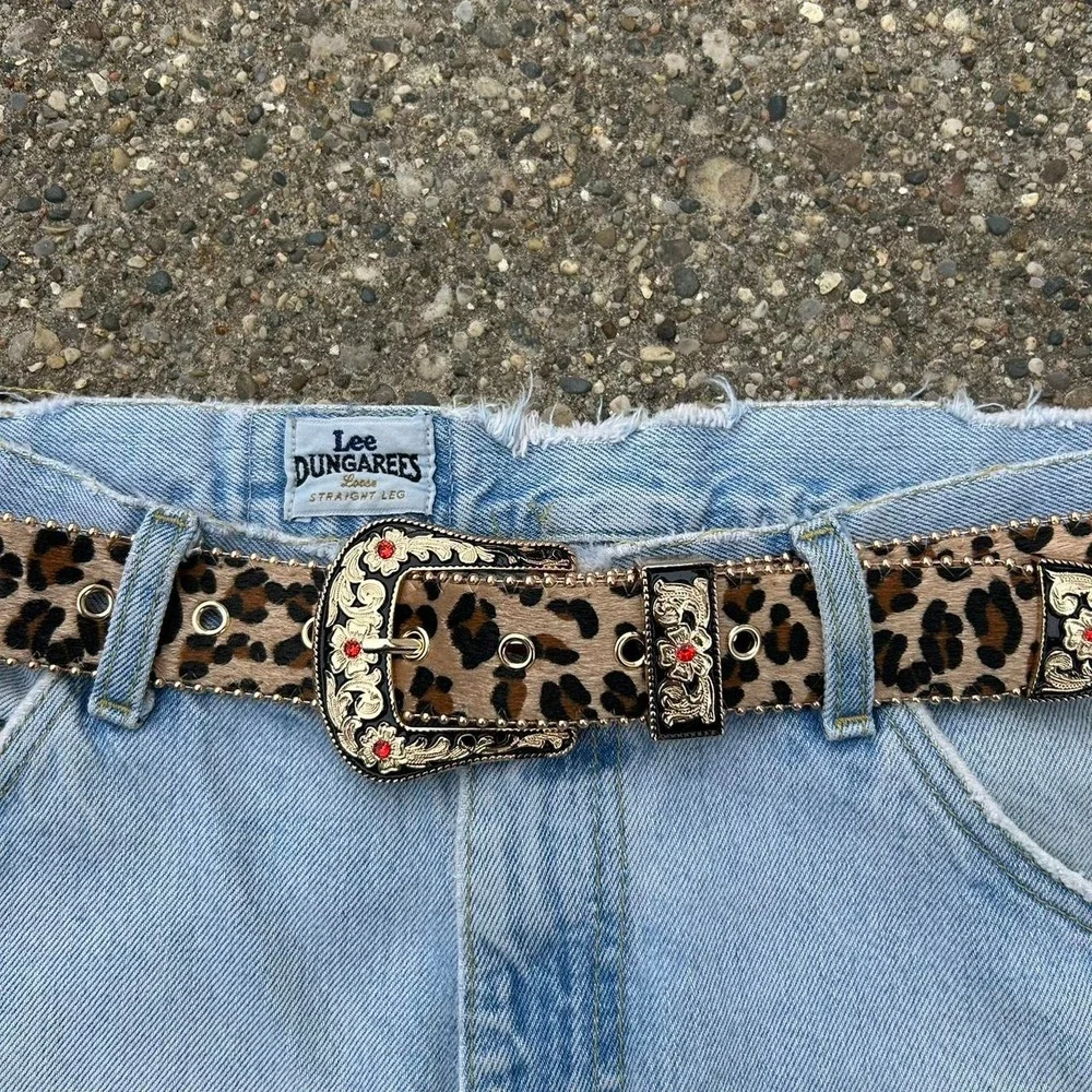 Vintage style cheetah leopard print fur belt american tan and brown bedazzled